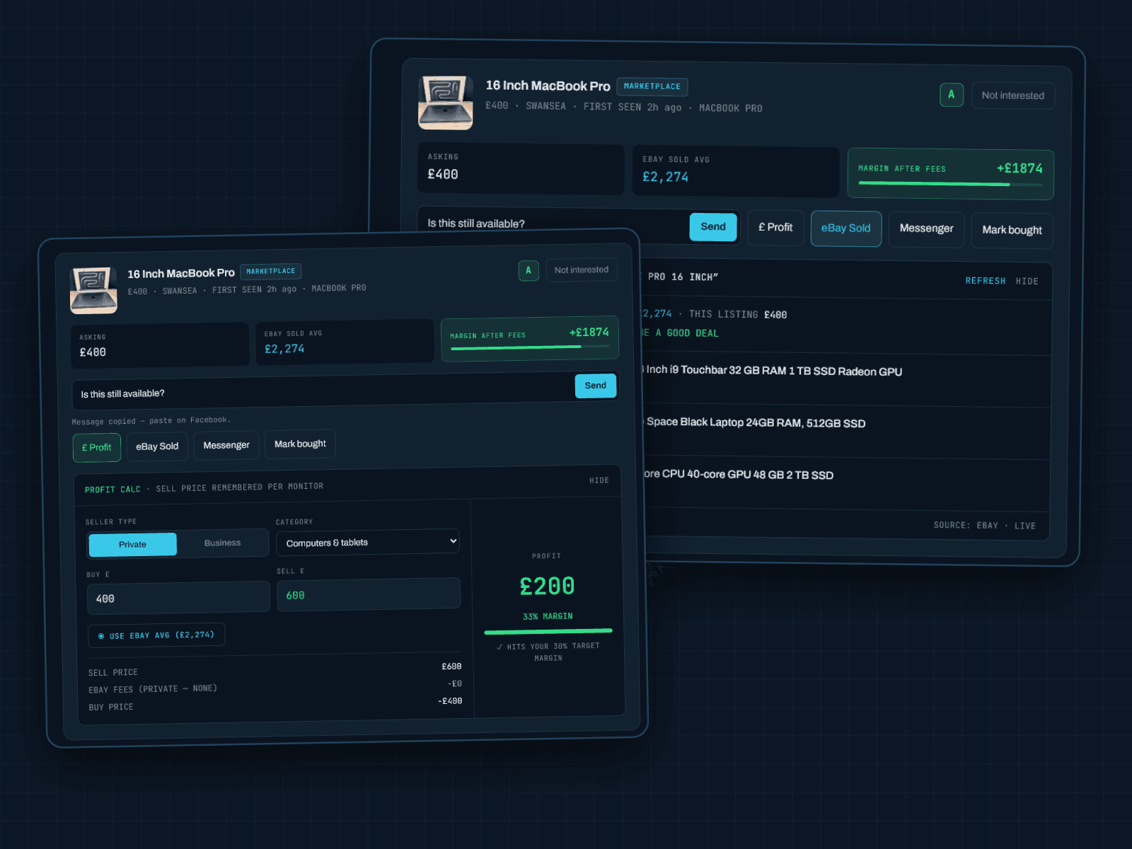 DealSonar results workflow: result card with margin, profit calculator, and eBay sold comps